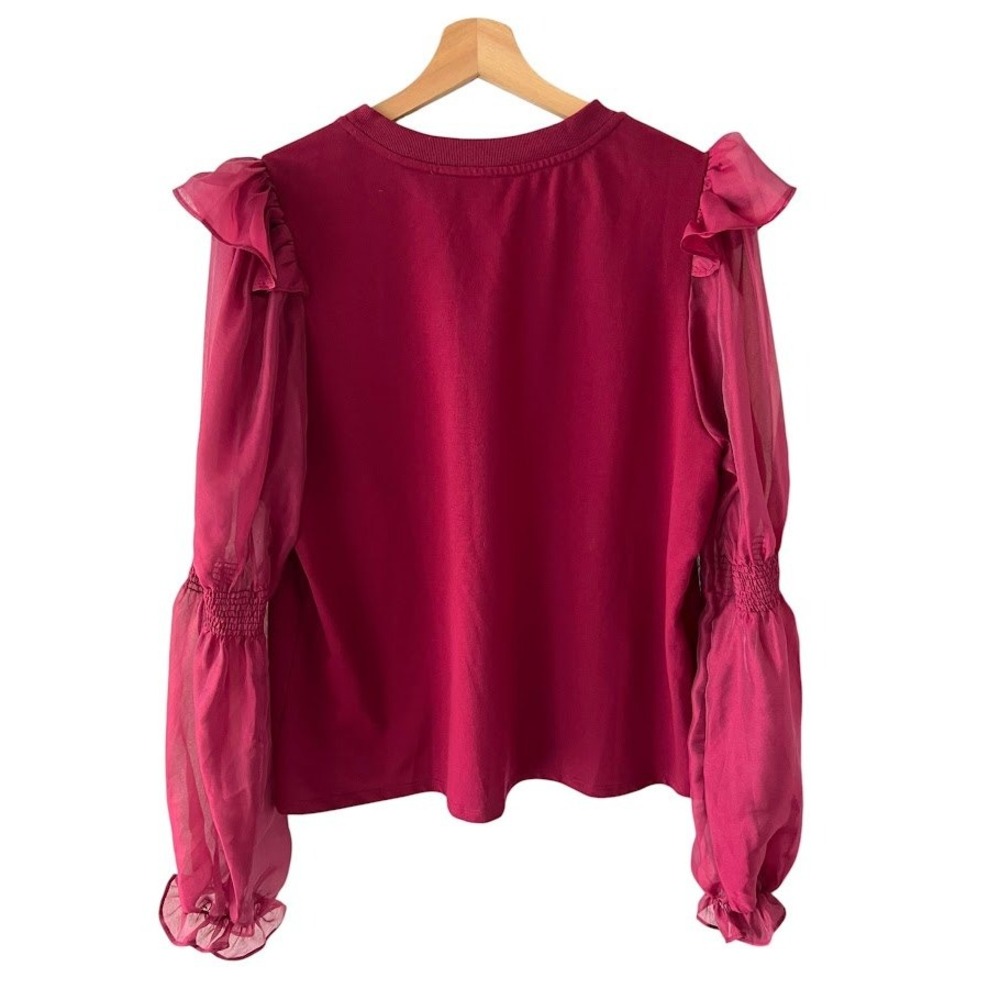 English Factory Ruffle Puff Sleeve Top XL Burgundy Sheer Mix Media Anthropologie - Picture 2 of 9